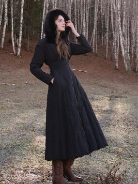 Lacemade Long Black Quilted Maxi Coat Dress with Fur-Trim Hood